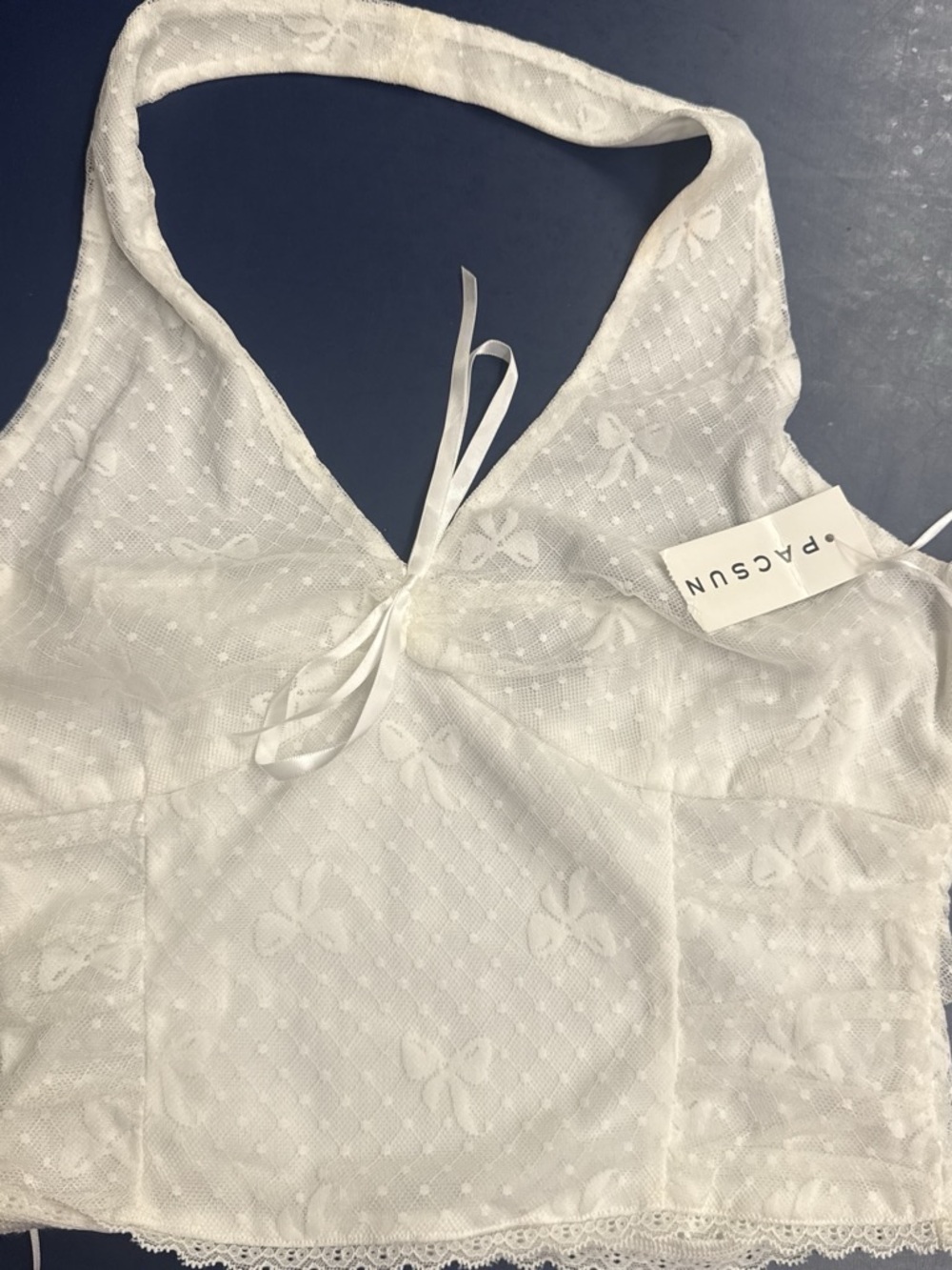 Pacsun Aimee Bow Lace Halter Top White Floral